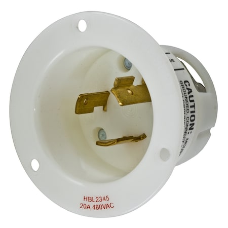 Hubbell Wiring Device-Kellems Flanged Locking Inlet, 20 A, 125/250V AC, Single Phase, 2 Pole, Screw Terminals, White HBL2345